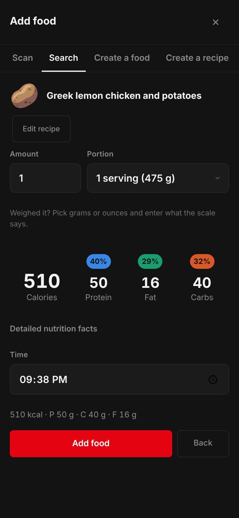 The saved Greek lemon chicken and potatoes recipe ready to log: one serving of 475 g at 510 kcal with 50 g protein, 40 g carbs and 16 g fat.