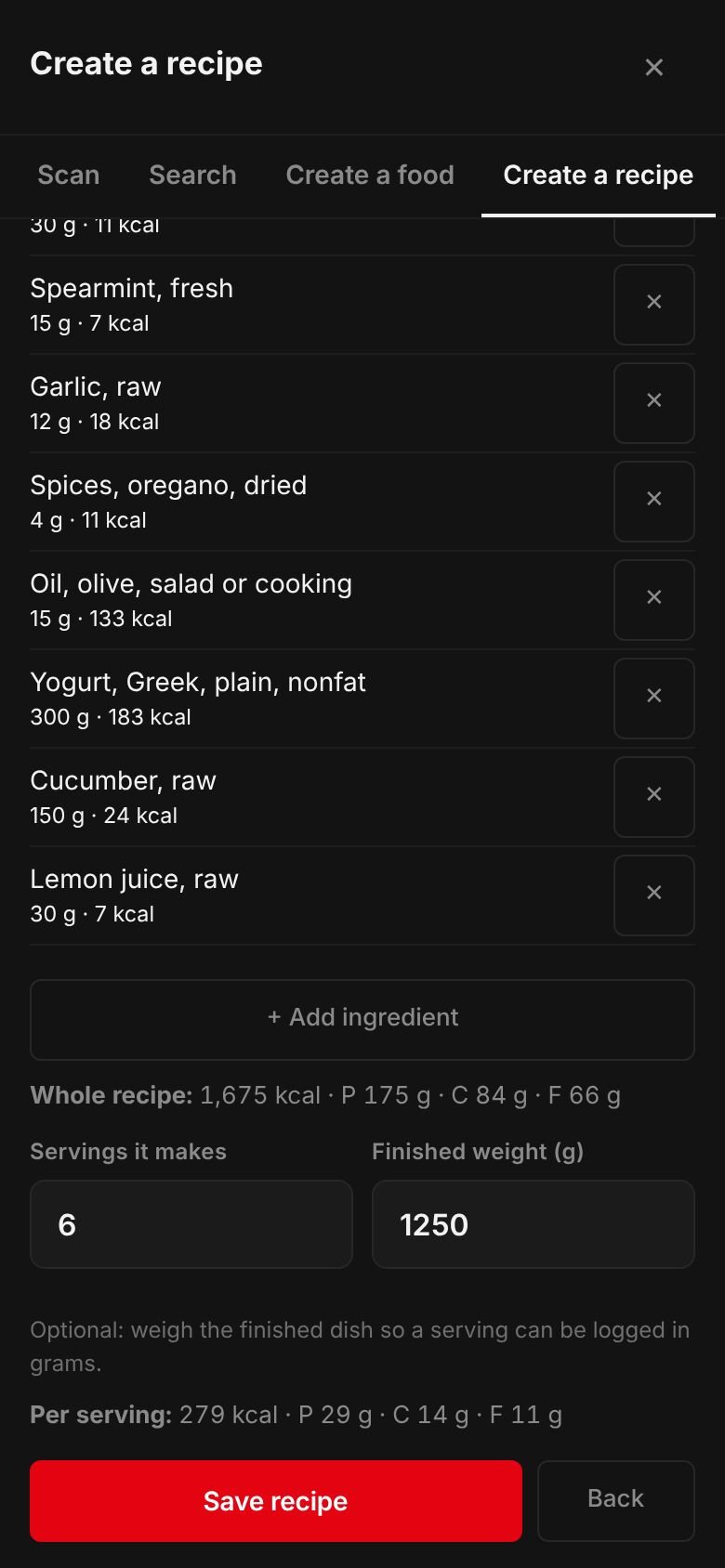 The Greek meatballs (keftedes) recipe on a phone: its ingredients and their calories, the whole recipe at 1,675 kcal, 6 servings, a finished weight of 1,250 g and 279 kcal per serving.