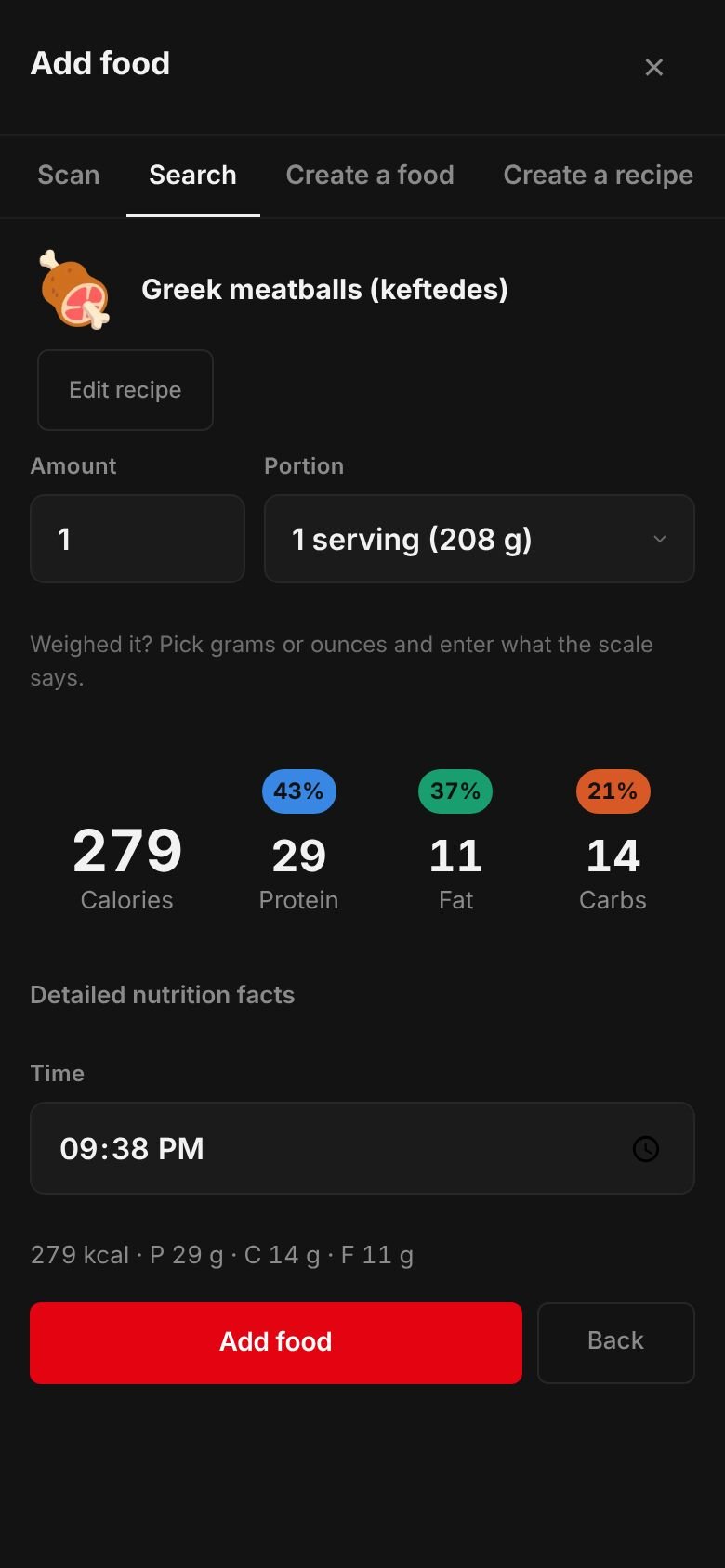 The saved Greek meatballs (keftedes) recipe ready to log: one serving of 208 g at 279 kcal with 29 g protein, 14 g carbs and 11 g fat.
