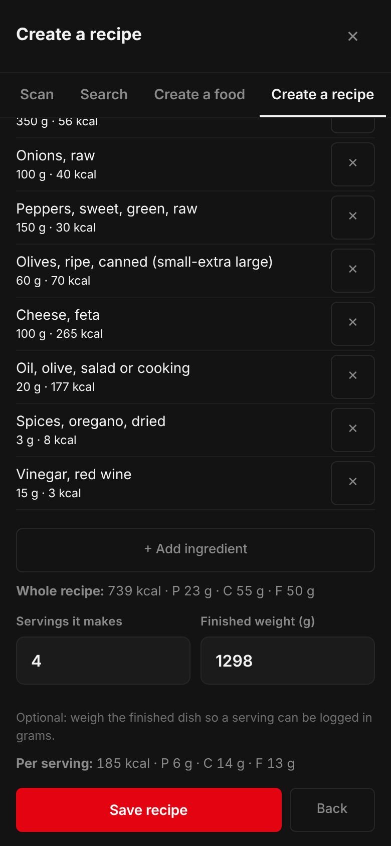 The Greek salad (horiatiki) recipe on a phone: its ingredients and their calories, the whole recipe at 739 kcal, 4 servings, a finished weight of 1,298 g and 185 kcal per serving.