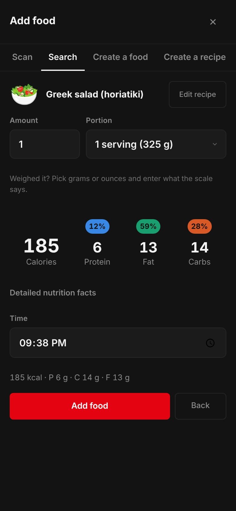 The saved Greek salad (horiatiki) recipe ready to log: one serving of 325 g at 185 kcal with 6 g protein, 14 g carbs and 13 g fat.
