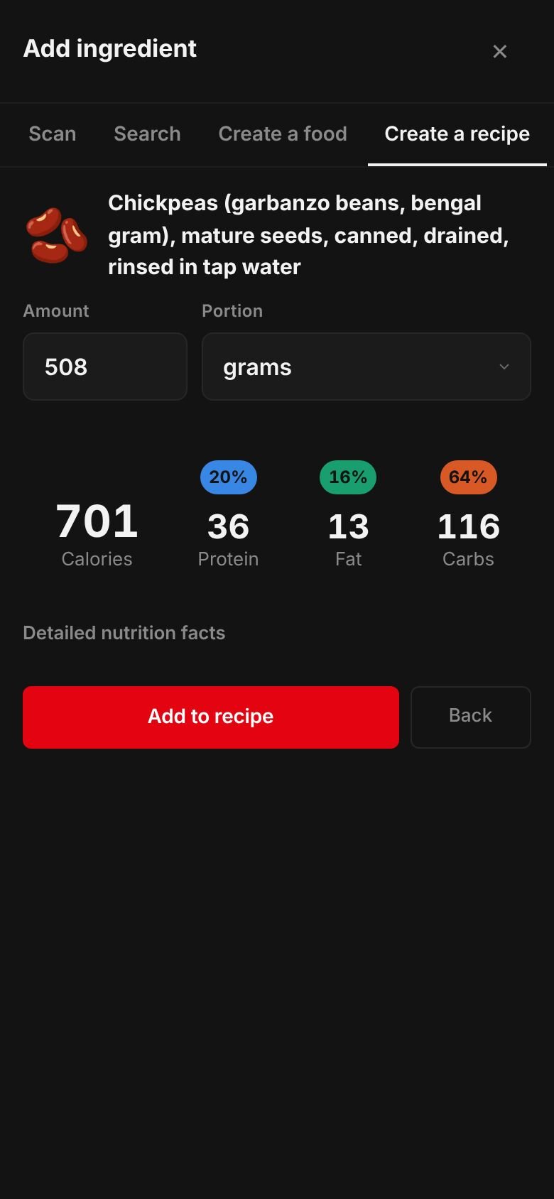 The amount sheet for chickpeas, canned, drained and rinsed: 508 grams giving 701 calories, 36 g protein, 116 g carbs and 13 g fat, with an Add to recipe button.