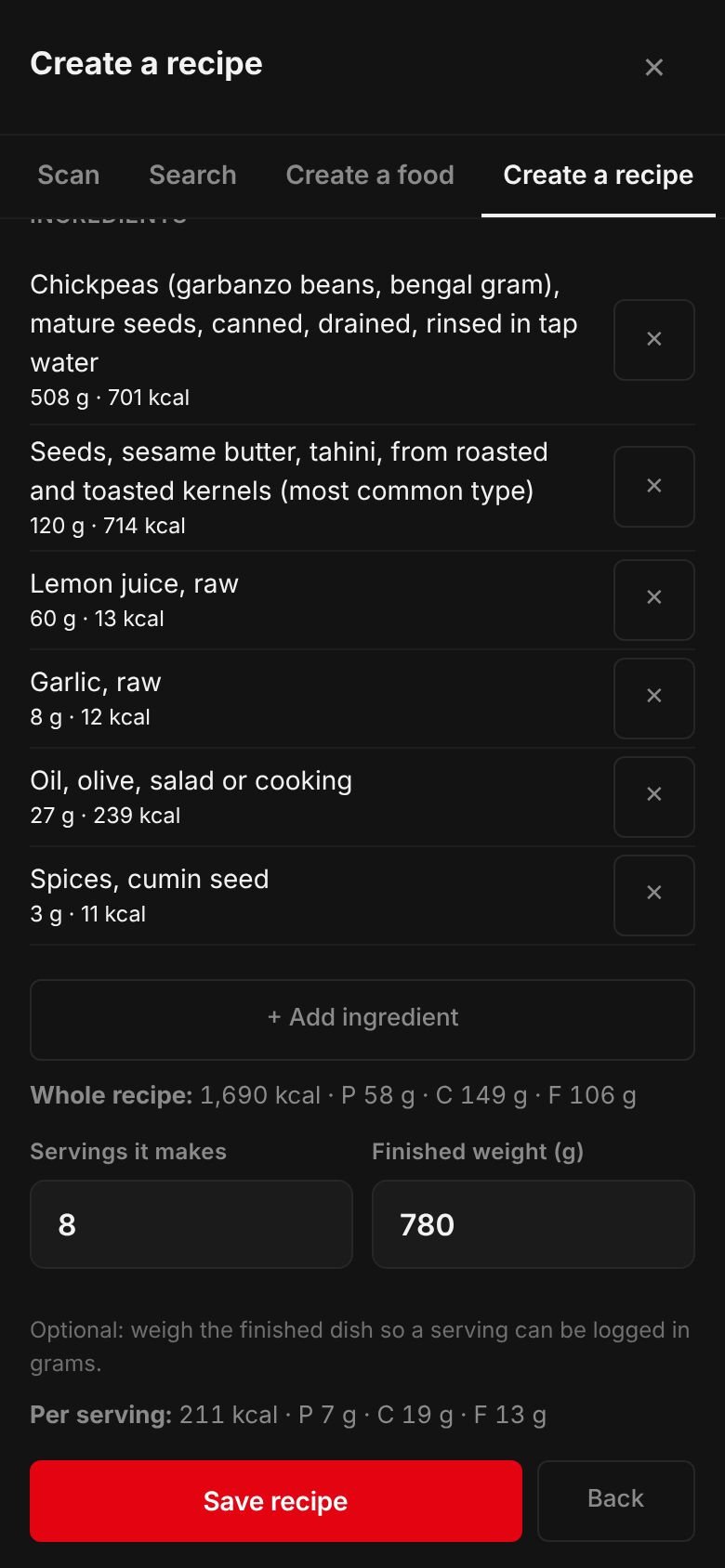 The Hummus bi tahini recipe on a phone: its ingredients and their calories, the whole recipe at 1,690 kcal, 8 servings, a finished weight of 780 g and 211 kcal per serving.