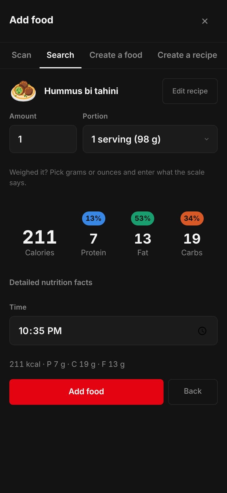 The saved Hummus bi tahini recipe ready to log: one serving of 98 g at 211 kcal with 7 g protein, 19 g carbs and 13 g fat.