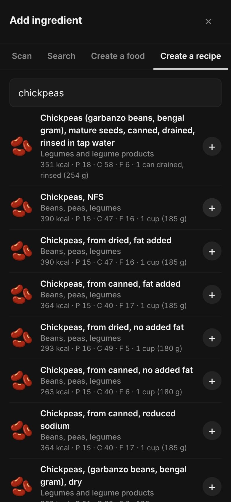 Add ingredient on a phone with “chickpeas” typed in the search box and matching library entries listed, each with its calories and a portion.