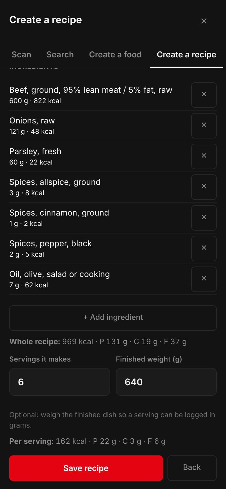 The Kafta recipe on a phone: its ingredients and their calories, the whole recipe at 969 kcal, 6 servings, a finished weight of 640 g and 162 kcal per serving.