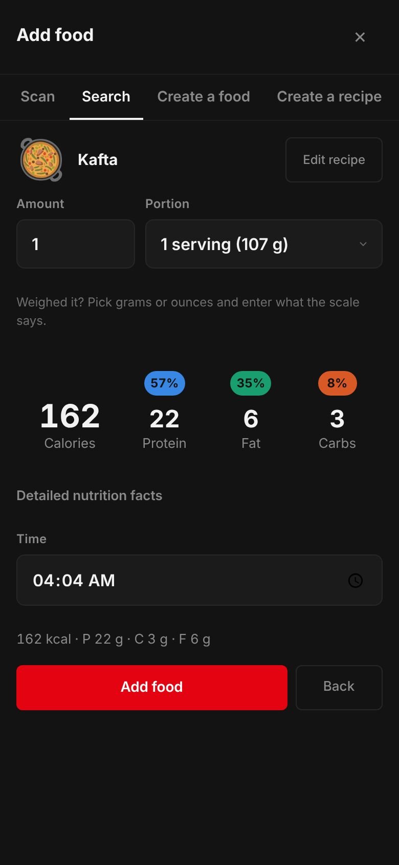 The saved Kafta recipe ready to log: one serving of 107 g at 162 kcal with 22 g protein, 3 g carbs and 6 g fat.