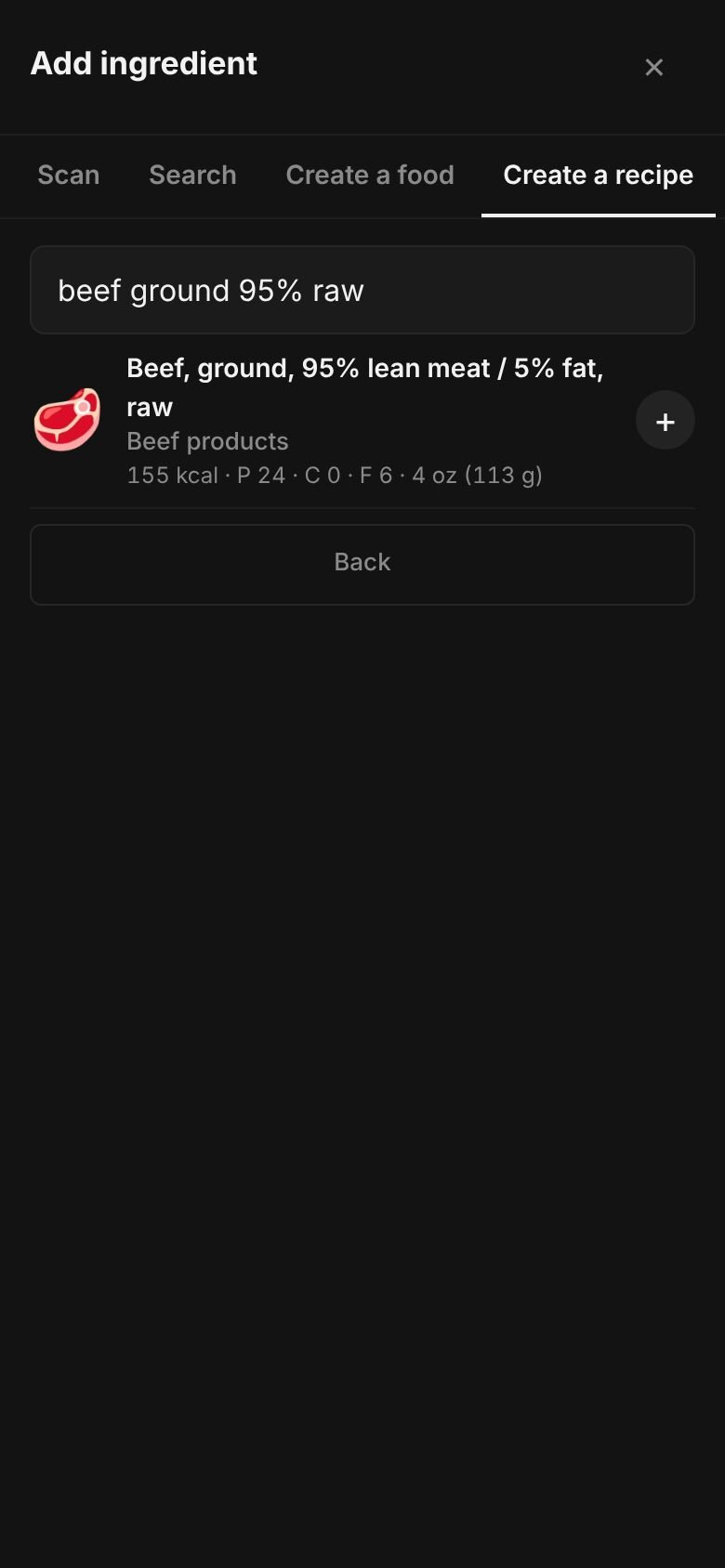 Add ingredient on a phone with “beef ground 95% raw” typed in the search box and matching library entries listed, each with its calories and a portion.