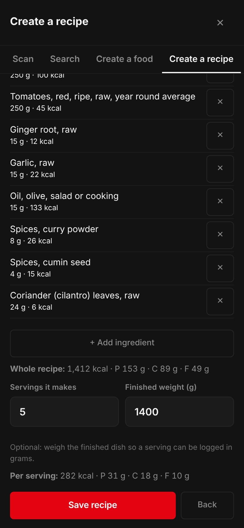 The Keema matar recipe on a phone: its ingredients and their calories, the whole recipe at 1,412 kcal, 5 servings, a finished weight of 1,400 g and 282 kcal per serving.