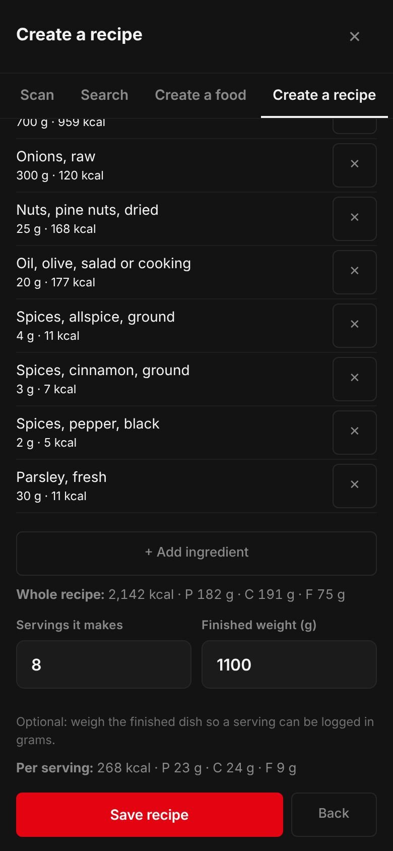 The Baked kibbeh (kibbeh bil sanieh) recipe on a phone: its ingredients and their calories, the whole recipe at 2,142 kcal, 8 servings, a finished weight of 1,100 g and 268 kcal per serving.