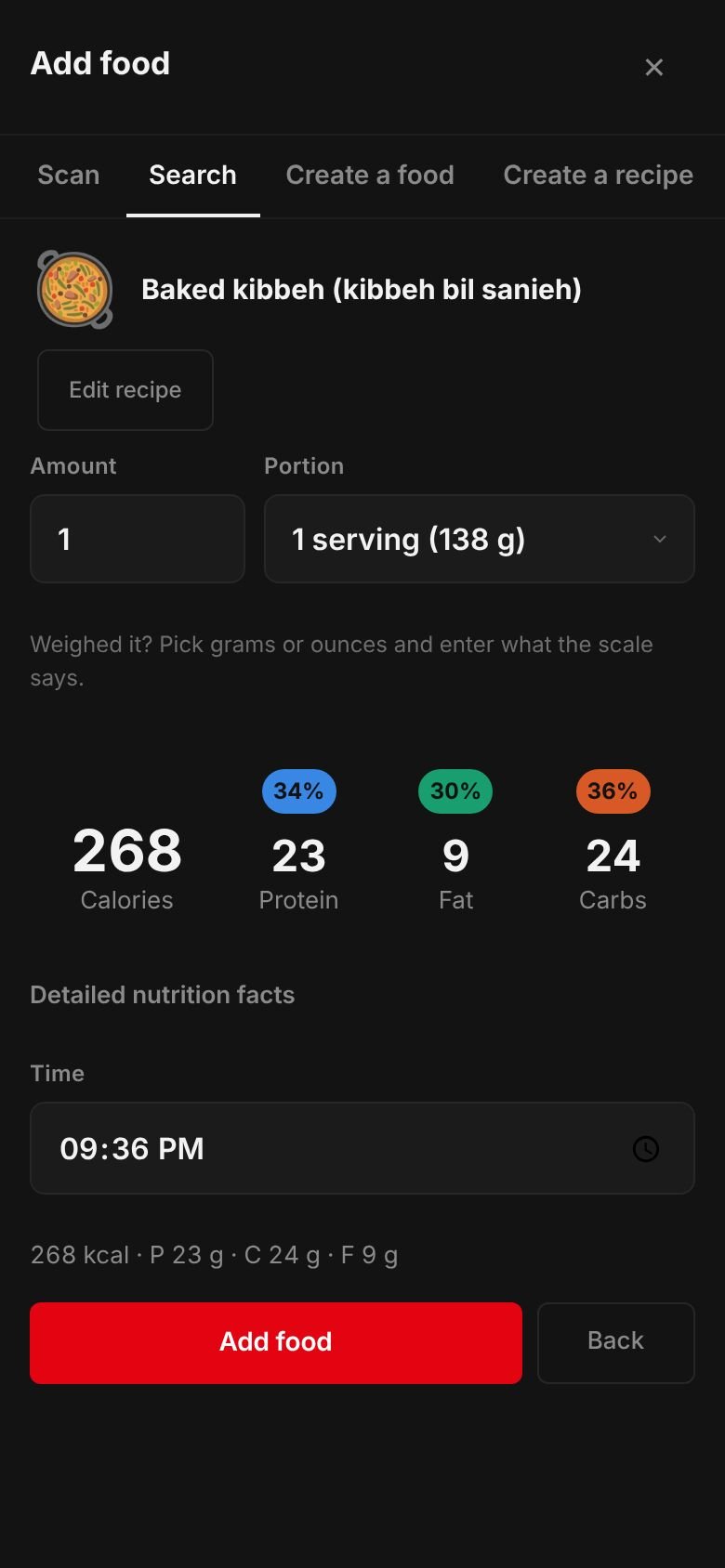 The saved Baked kibbeh (kibbeh bil sanieh) recipe ready to log: one serving of 138 g at 268 kcal with 23 g protein, 24 g carbs and 9 g fat.