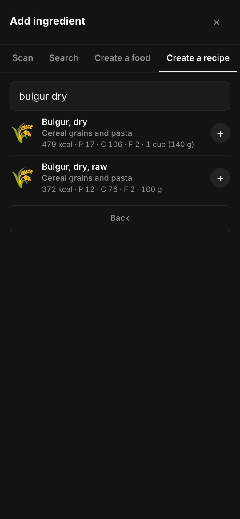 Add ingredient on a phone with “bulgur dry” typed in the search box and matching library entries listed, each with its calories and a portion.