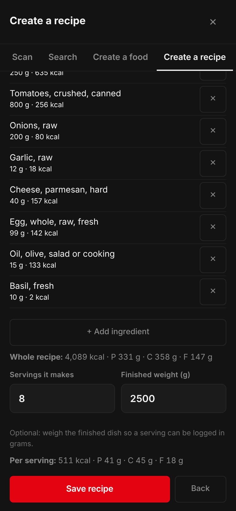The Lasagna recipe on a phone: its ingredients and their calories, the whole recipe at 4,089 kcal, 8 servings, a finished weight of 2,500 g and 511 kcal per serving.