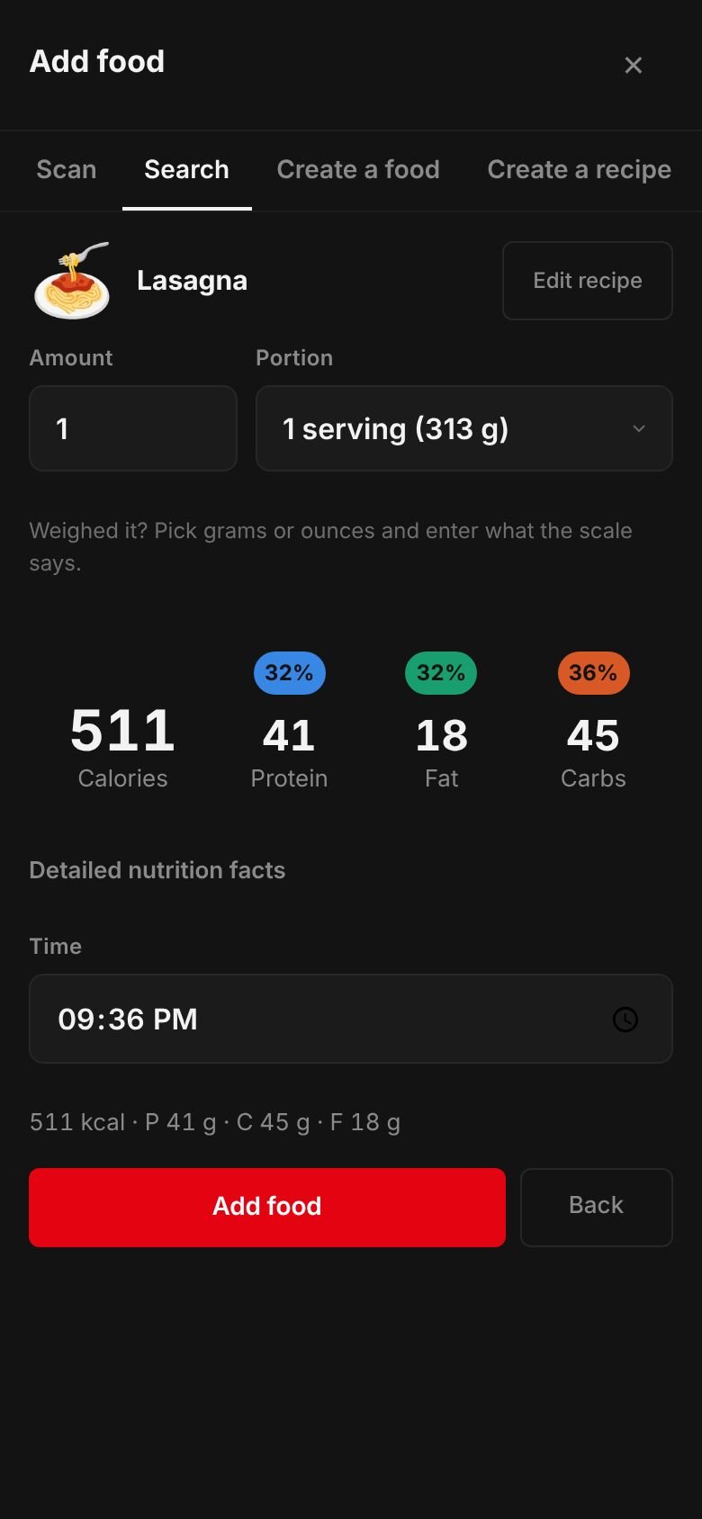 The saved Lasagna recipe ready to log: one serving of 313 g at 511 kcal with 41 g protein, 45 g carbs and 18 g fat.