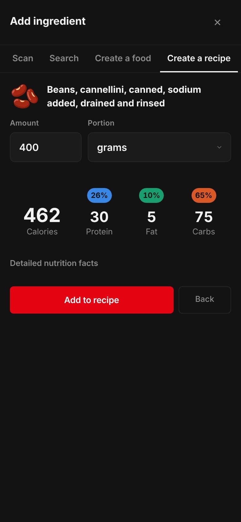 The amount sheet for cannellini beans, canned, drained and rinsed: 400 grams giving 462 calories, 30 g protein, 75 g carbs and 5 g fat, with an Add to recipe button.