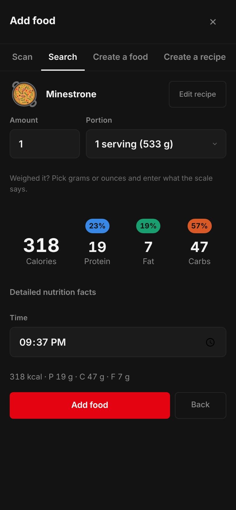 The saved Minestrone recipe ready to log: one serving of 533 g at 318 kcal with 19 g protein, 47 g carbs and 7 g fat.