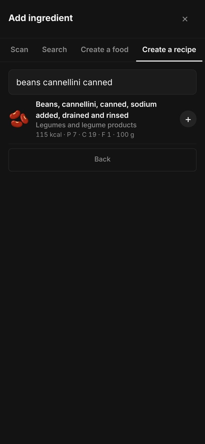 Add ingredient on a phone with “beans cannellini canned” typed in the search box and matching library entries listed, each with its calories and a portion.