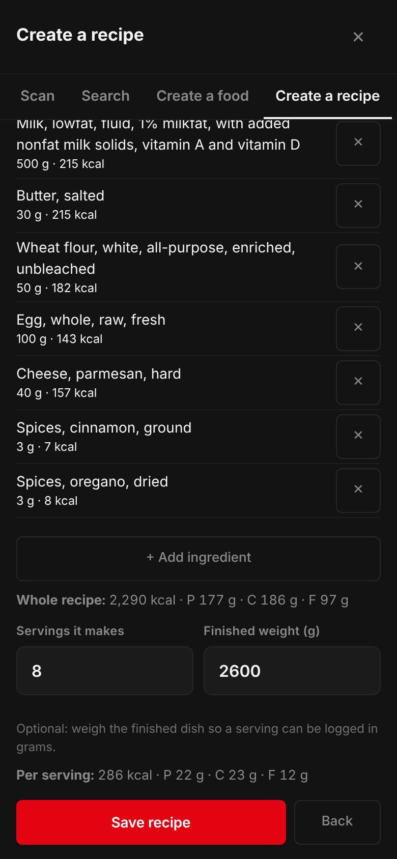 The Moussaka recipe on a phone: its ingredients and their calories, the whole recipe at 2,290 kcal, 8 servings, a finished weight of 2,600 g and 286 kcal per serving.