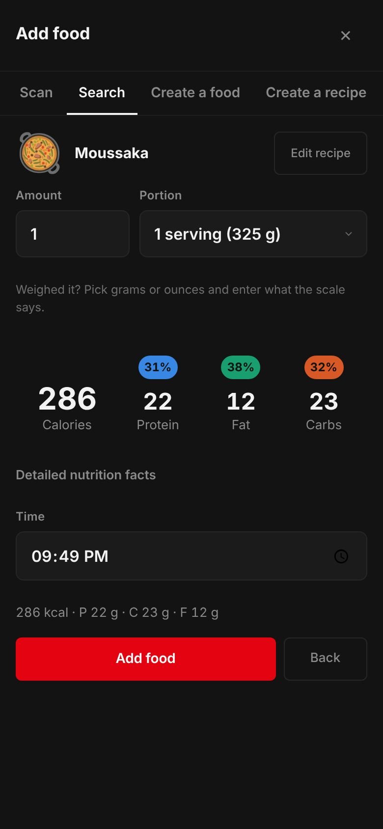 The saved Moussaka recipe ready to log: one serving of 325 g at 286 kcal with 22 g protein, 23 g carbs and 12 g fat.
