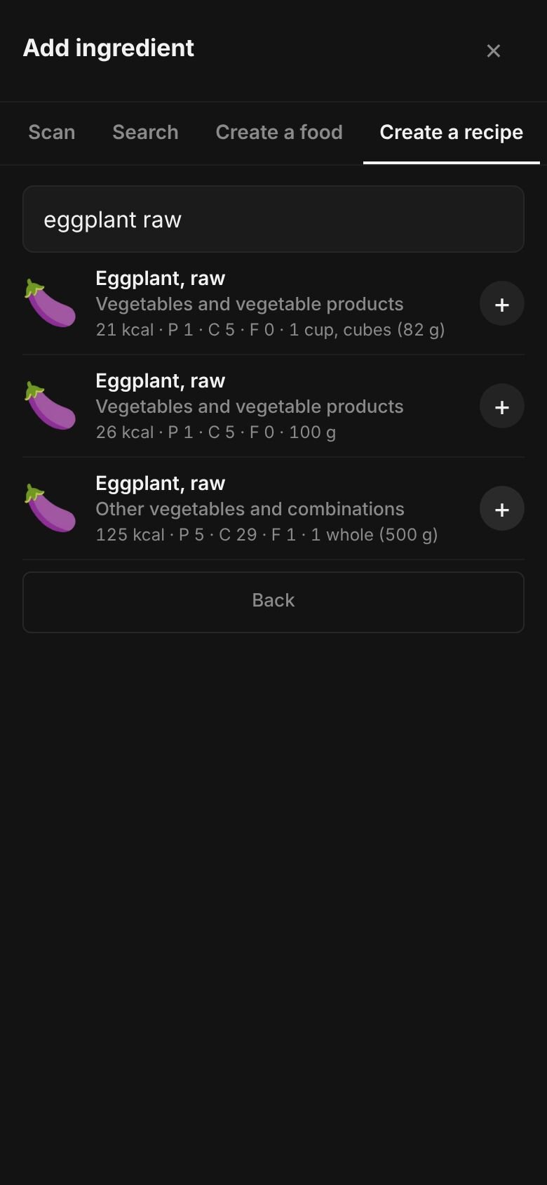 Add ingredient on a phone with “eggplant raw” typed in the search box and matching library entries listed, each with its calories and a portion.