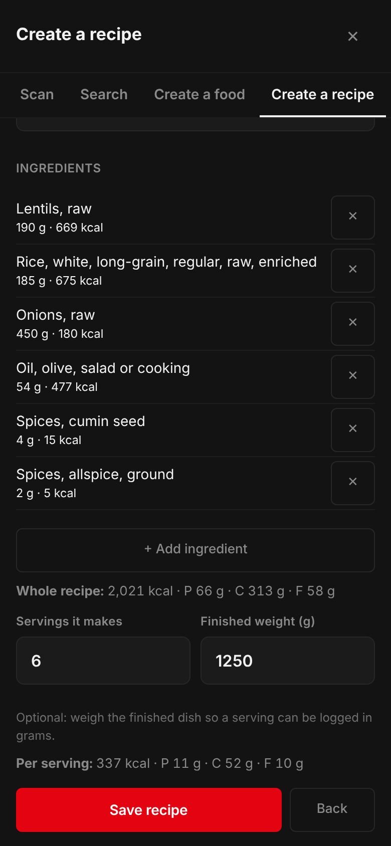 The Mujadara recipe on a phone: its ingredients and their calories, the whole recipe at 2,021 kcal, 6 servings, a finished weight of 1,250 g and 337 kcal per serving.