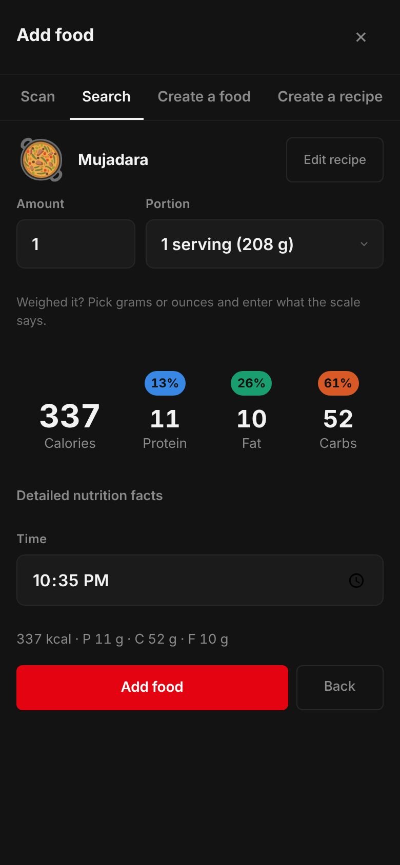 The saved Mujadara recipe ready to log: one serving of 208 g at 337 kcal with 11 g protein, 52 g carbs and 10 g fat.