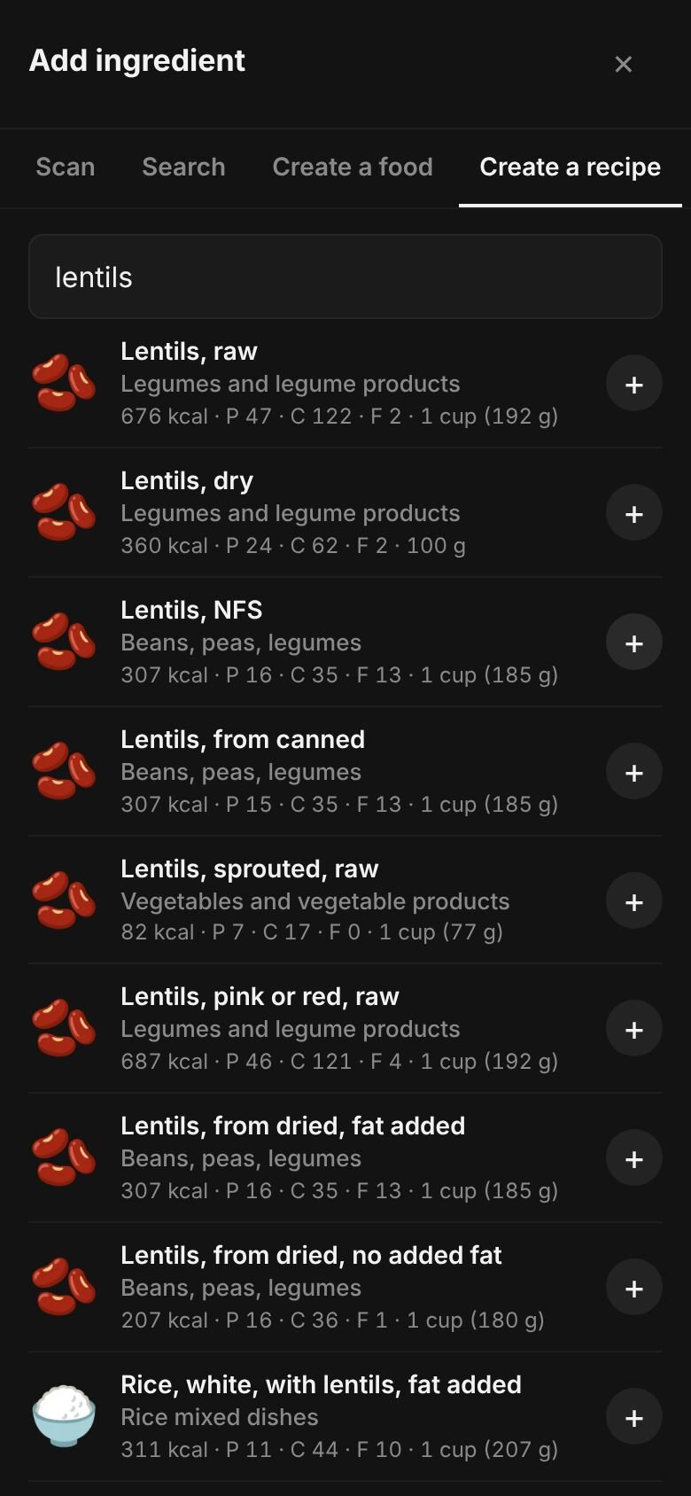 Add ingredient on a phone with “lentils” typed in the search box and matching library entries listed, each with its calories and a portion.