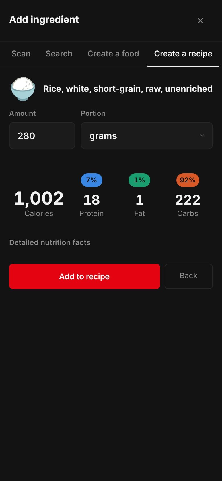 The amount sheet for rice, white, short-grain, raw: 280 grams giving 1,002 calories, 18 g protein, 222 g carbs and 1 g fat, with an Add to recipe button.
