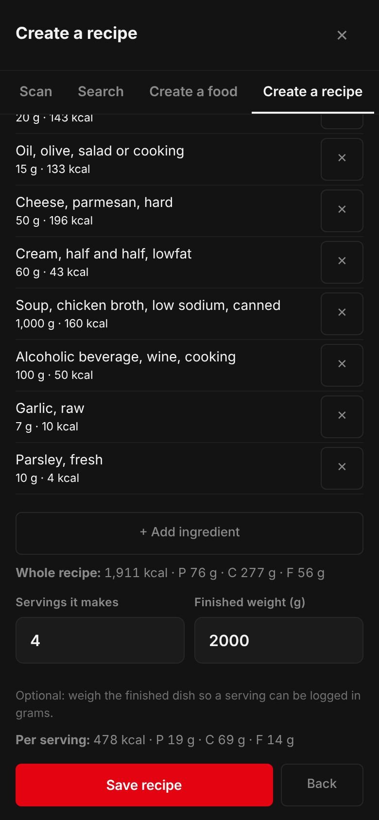 The Mushroom risotto recipe on a phone: its ingredients and their calories, the whole recipe at 1,911 kcal, 4 servings, a finished weight of 2,000 g and 478 kcal per serving.