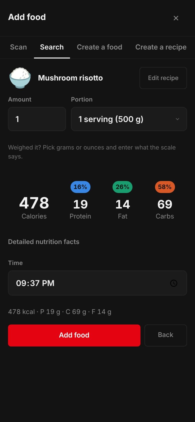The saved Mushroom risotto recipe ready to log: one serving of 500 g at 478 kcal with 19 g protein, 69 g carbs and 14 g fat.