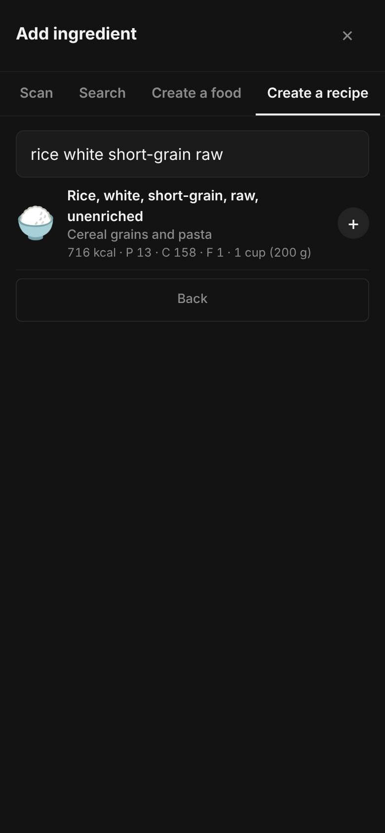 Add ingredient on a phone with “rice white short-grain raw” typed in the search box and matching library entries listed, each with its calories and a portion.