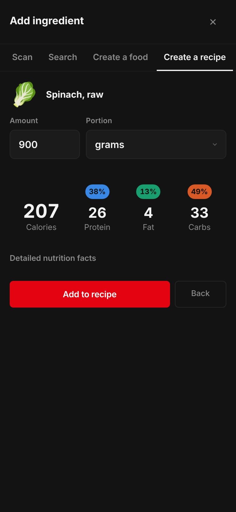 The amount sheet for spinach, raw: 900 grams giving 207 calories, 26 g protein, 33 g carbs and 4 g fat, with an Add to recipe button.