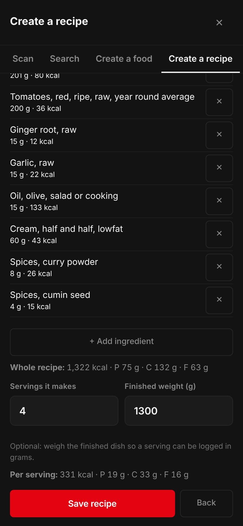 The Palak paneer recipe on a phone: its ingredients and their calories, the whole recipe at 1,322 kcal, 4 servings, a finished weight of 1,300 g and 331 kcal per serving.