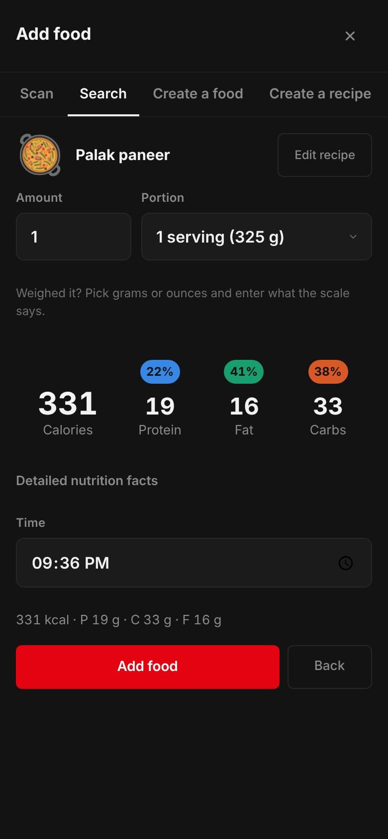 The saved Palak paneer recipe ready to log: one serving of 325 g at 331 kcal with 19 g protein, 33 g carbs and 16 g fat.