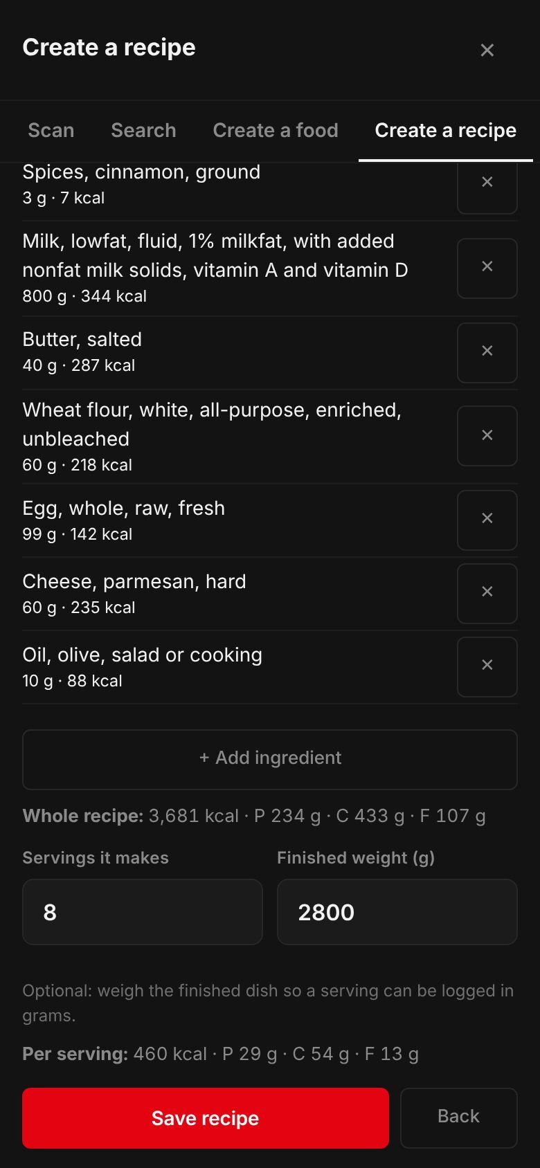 The Pastitsio recipe on a phone: its ingredients and their calories, the whole recipe at 3,681 kcal, 8 servings, a finished weight of 2,800 g and 460 kcal per serving.