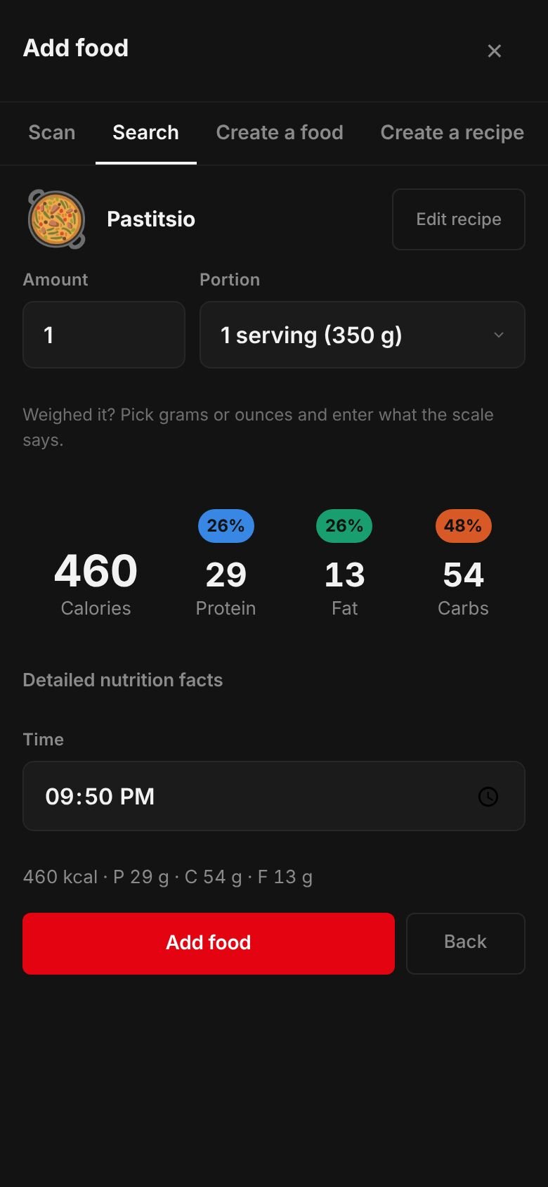 The saved Pastitsio recipe ready to log: one serving of 350 g at 460 kcal with 29 g protein, 54 g carbs and 13 g fat.