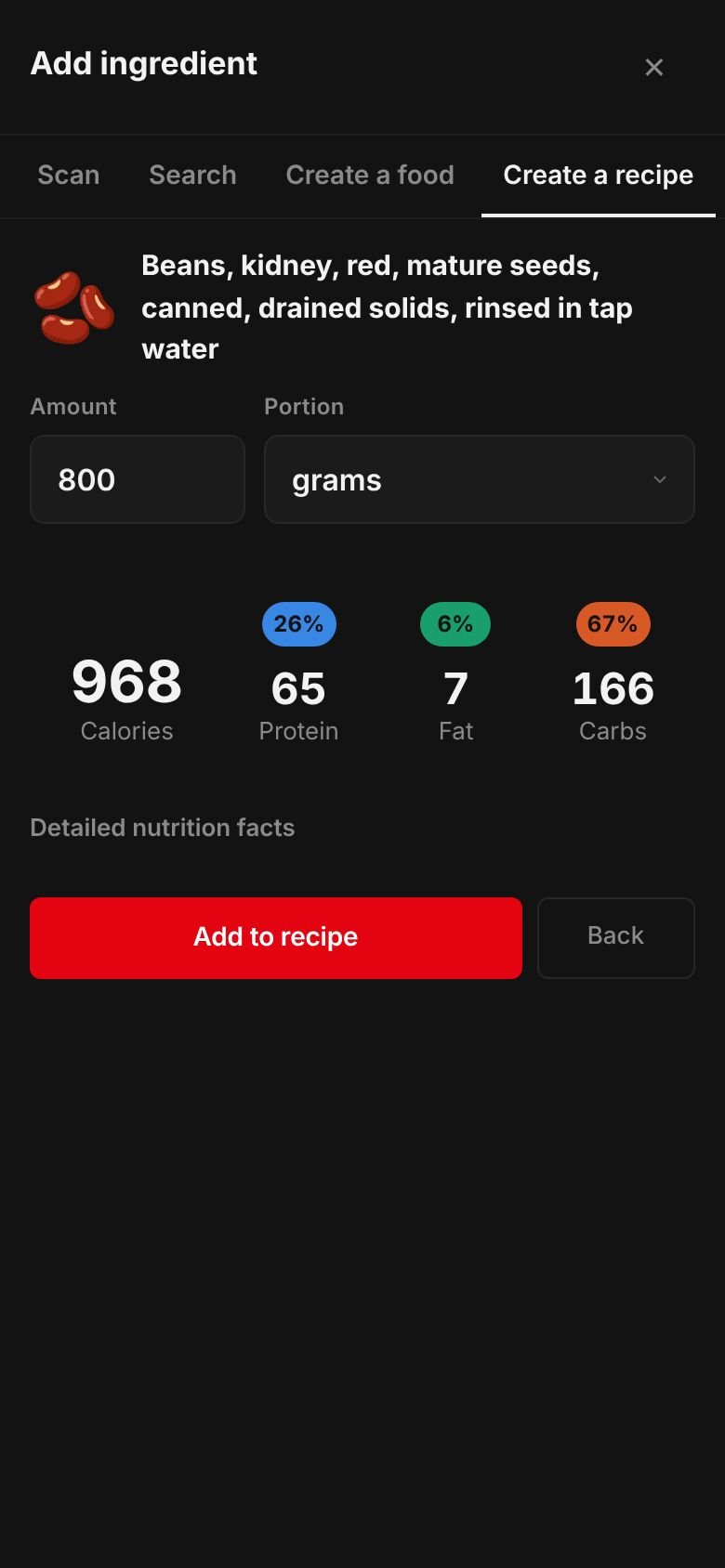 The amount sheet for kidney beans, canned, drained and rinsed: 800 grams giving 968 calories, 65 g protein, 166 g carbs and 7 g fat, with an Add to recipe button.