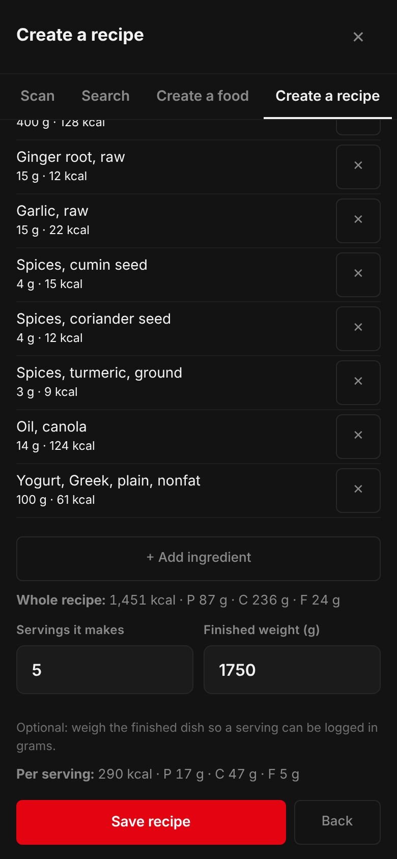 The Rajma masala recipe on a phone: its ingredients and their calories, the whole recipe at 1,451 kcal, 5 servings, a finished weight of 1,750 g and 290 kcal per serving.