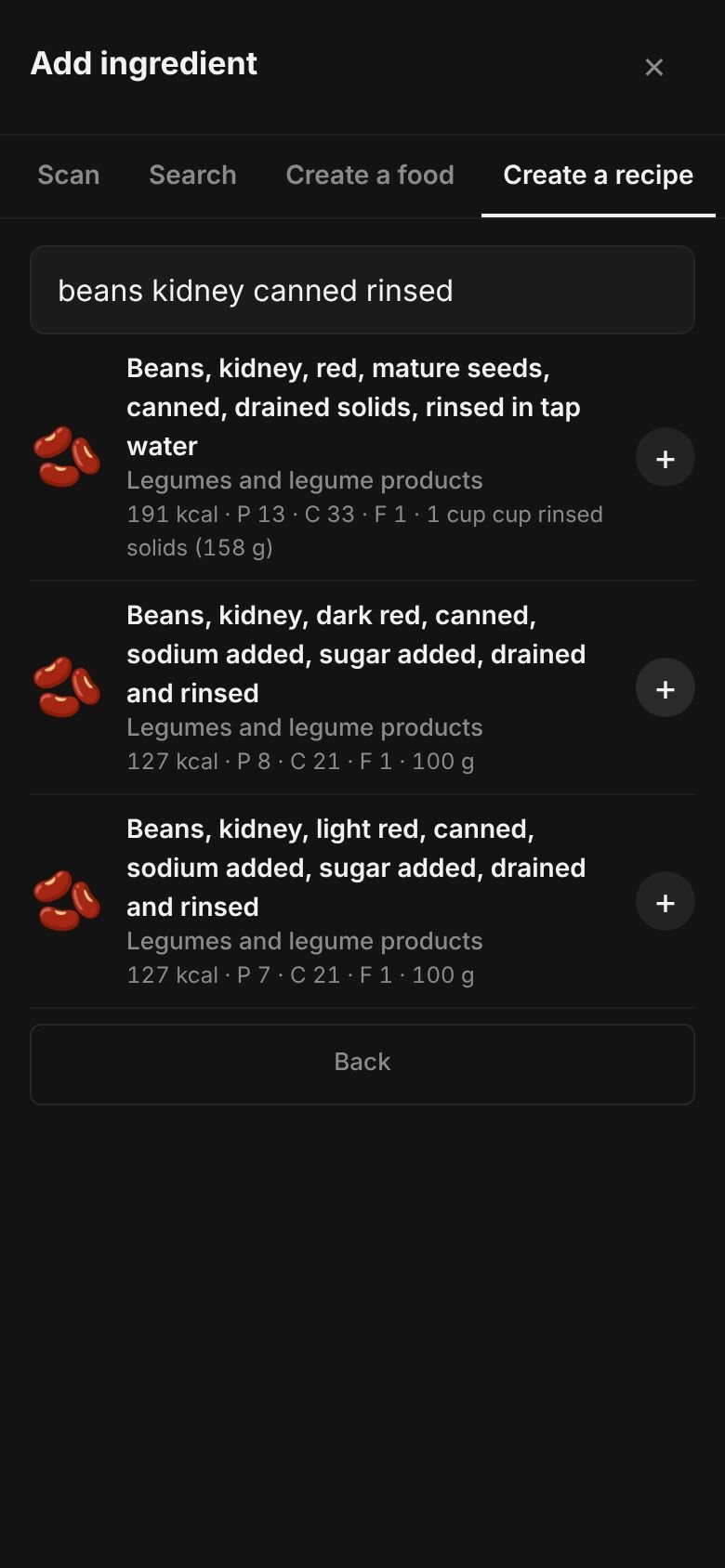 Add ingredient on a phone with “beans kidney canned rinsed” typed in the search box and matching library entries listed, each with its calories and a portion.