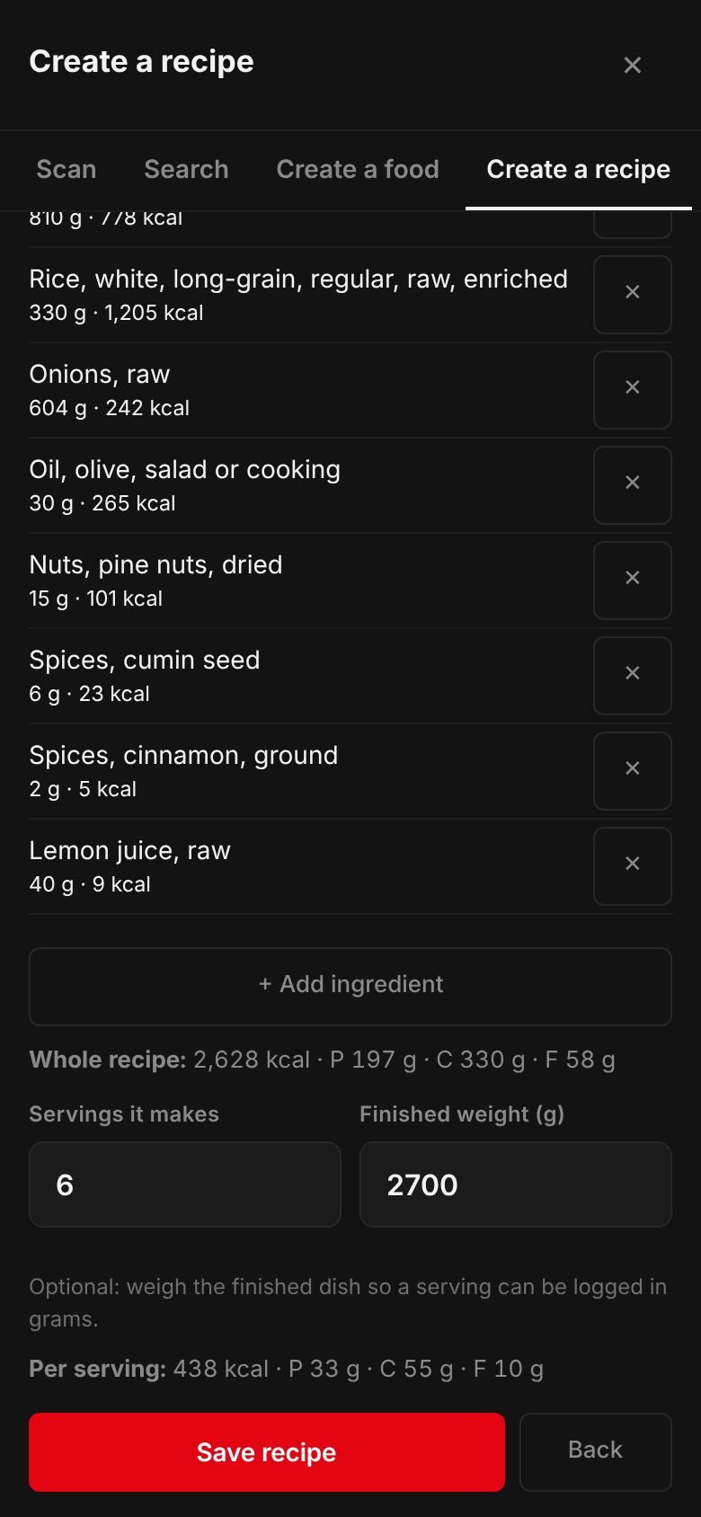 The Sayyadieh (fish and rice) recipe on a phone: its ingredients and their calories, the whole recipe at 2,628 kcal, 6 servings, a finished weight of 2,700 g and 438 kcal per serving.