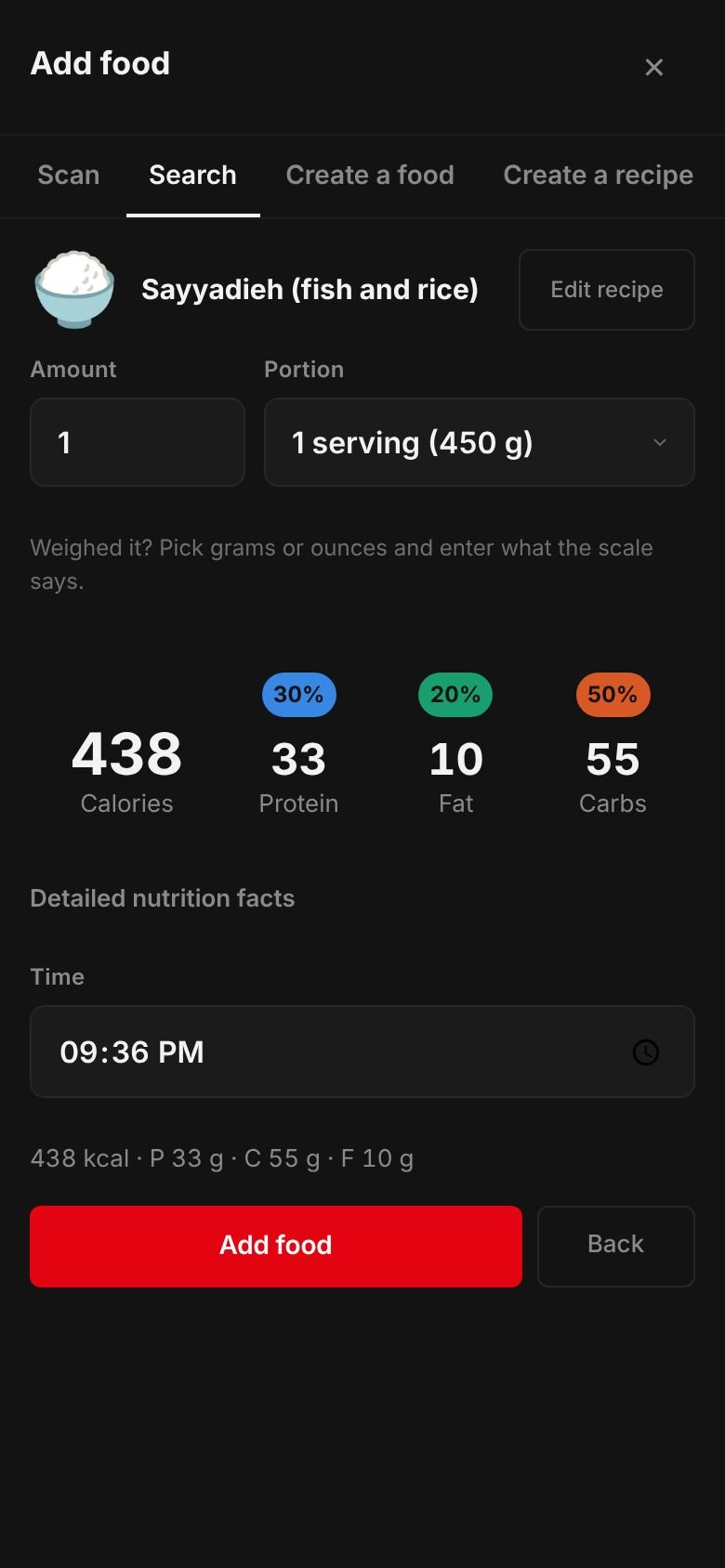 The saved Sayyadieh (fish and rice) recipe ready to log: one serving of 450 g at 438 kcal with 33 g protein, 55 g carbs and 10 g fat.