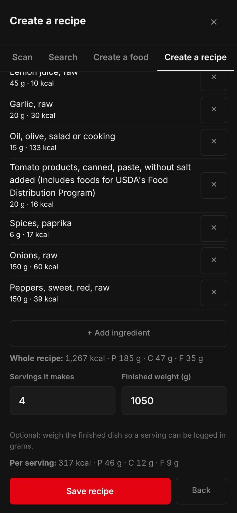 The Shish tawook recipe on a phone: its ingredients and their calories, the whole recipe at 1,267 kcal, 4 servings, a finished weight of 1,050 g and 317 kcal per serving.