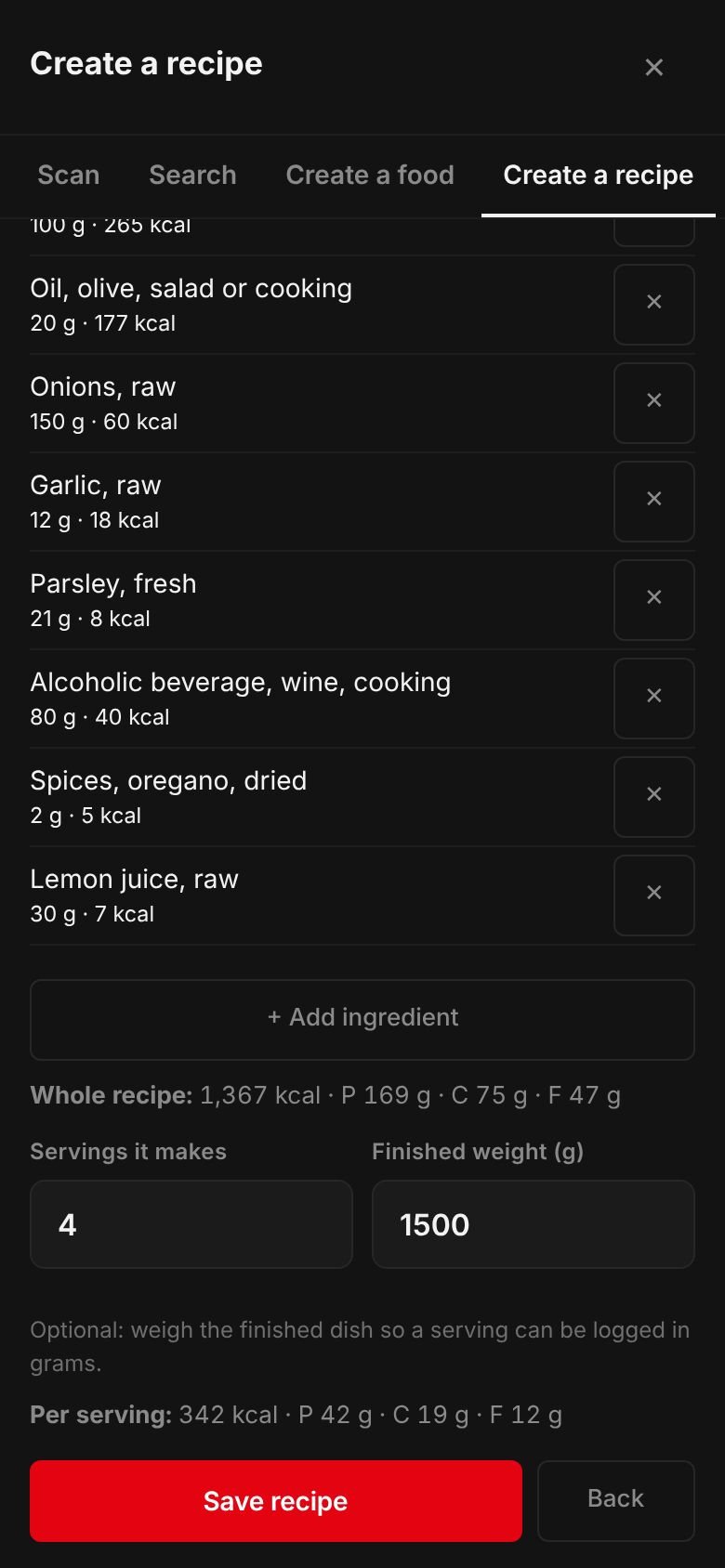 The Shrimp saganaki recipe on a phone: its ingredients and their calories, the whole recipe at 1,367 kcal, 4 servings, a finished weight of 1,500 g and 342 kcal per serving.