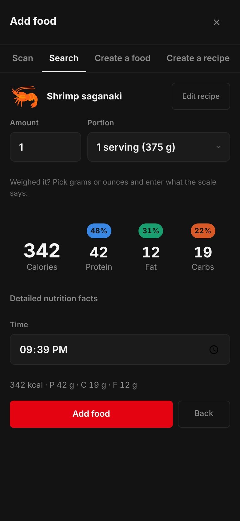 The saved Shrimp saganaki recipe ready to log: one serving of 375 g at 342 kcal with 42 g protein, 19 g carbs and 12 g fat.