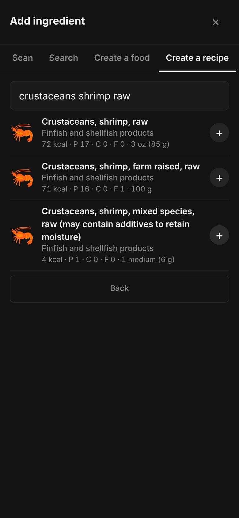 Add ingredient on a phone with “crustaceans shrimp raw” typed in the search box and matching library entries listed, each with its calories and a portion.