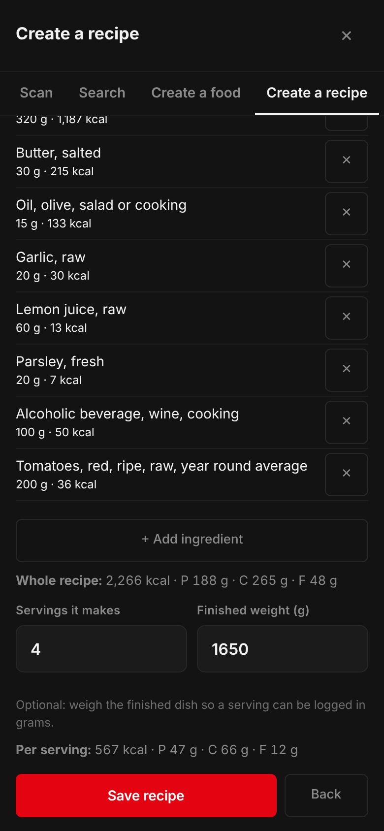 The Shrimp scampi recipe on a phone: its ingredients and their calories, the whole recipe at 2,266 kcal, 4 servings, a finished weight of 1,650 g and 567 kcal per serving.