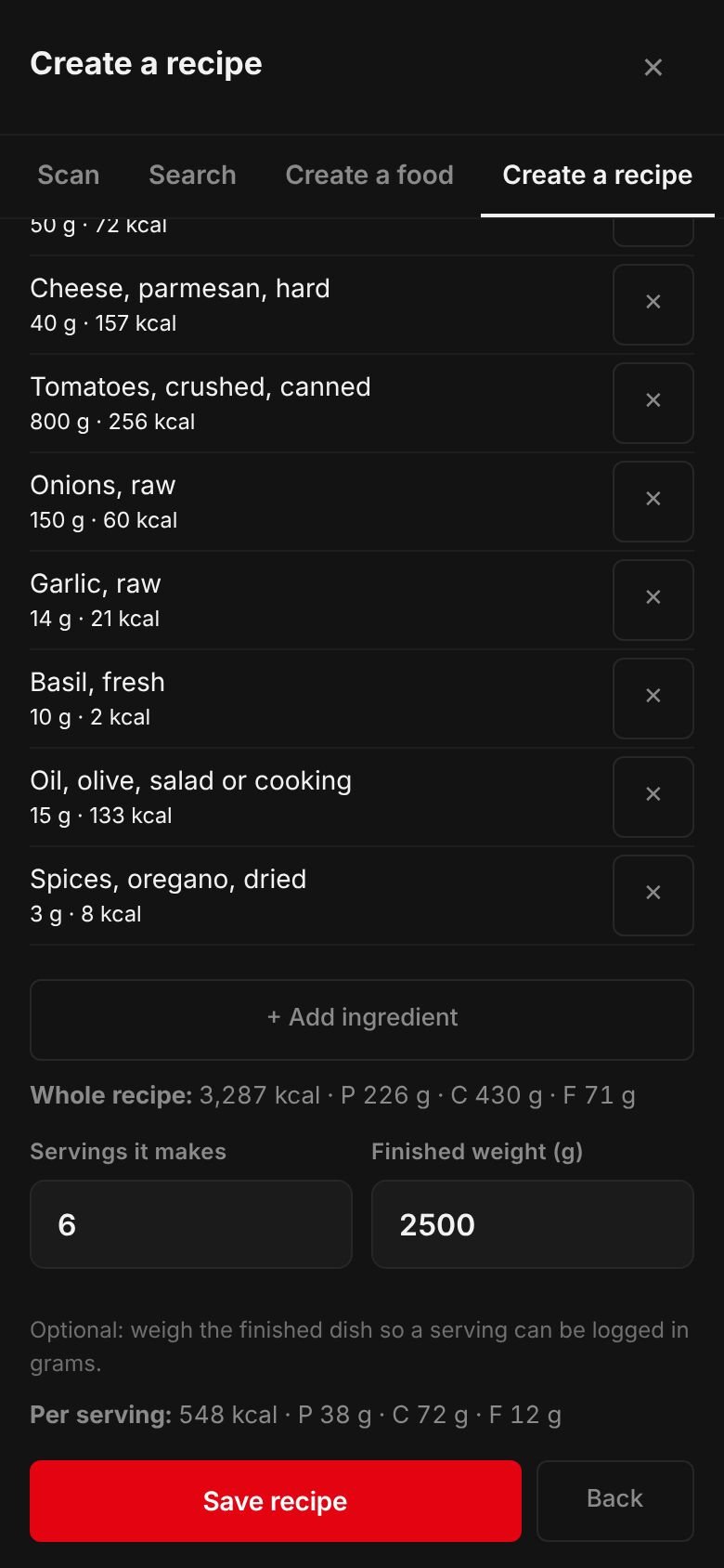 The Spaghetti and meatballs recipe on a phone: its ingredients and their calories, the whole recipe at 3,287 kcal, 6 servings, a finished weight of 2,500 g and 548 kcal per serving.