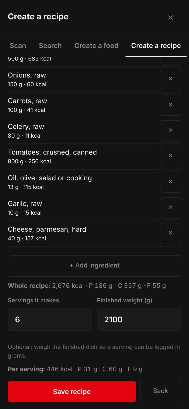 The Spaghetti bolognese recipe on a phone: its ingredients and their calories, the whole recipe at 2,995 kcal, 6 servings, a finished weight of 2,100 g and 499 kcal per serving.