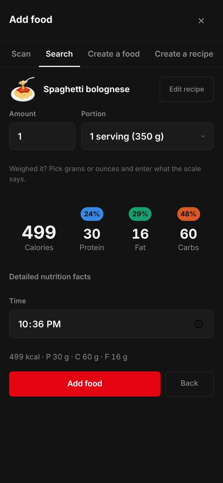 The saved Spaghetti bolognese recipe ready to log: one serving of 350 g at 499 kcal with 30 g protein, 60 g carbs and 16 g fat.