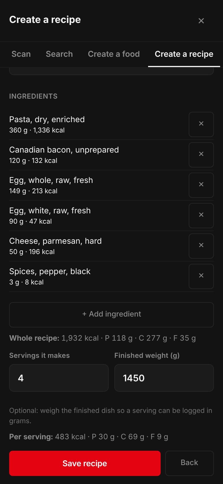 The Spaghetti carbonara recipe on a phone: its ingredients and their calories, the whole recipe at 1,932 kcal, 4 servings, a finished weight of 1,450 g and 483 kcal per serving.